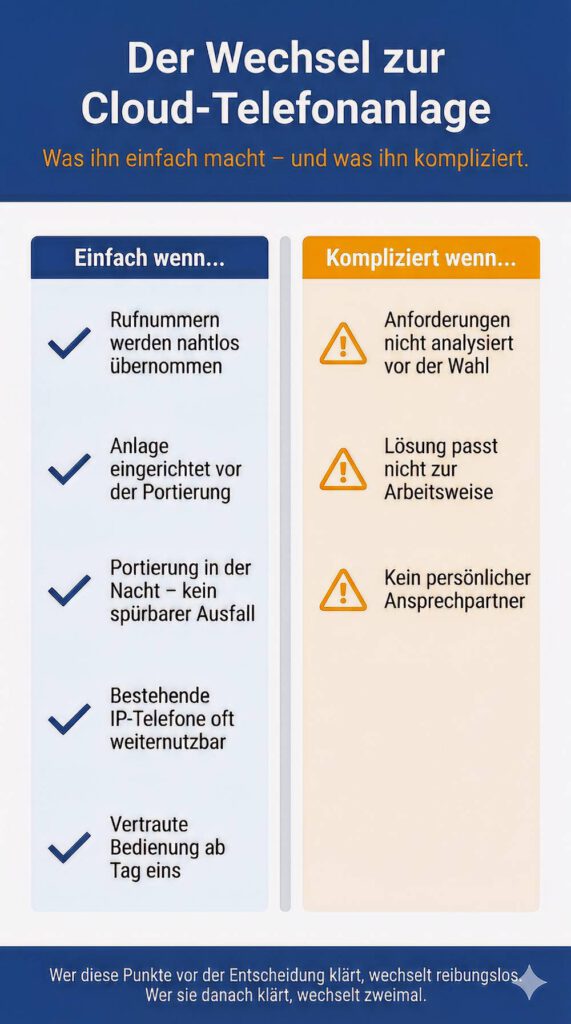 Was den Wechsel zur Cloud-Telefonanlage einfach macht und was ihn kompliziert – Vergleichsgrafik