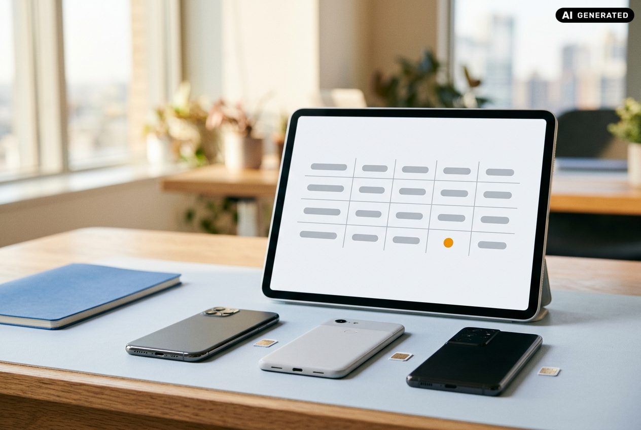 Tablet mit übersichtlicher Tabelle neben drei Smartphones und drei SIM-Karten auf einem hellen Schreibtisch